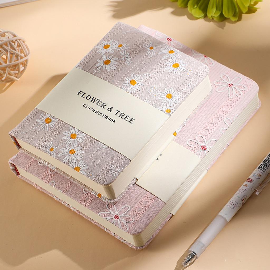 Aesthetic Daisy Puffy Cotton Cover Notebook A6 Portable Pocket Journal Thick Paper 180 Degree Lay Flat for School Office Travel