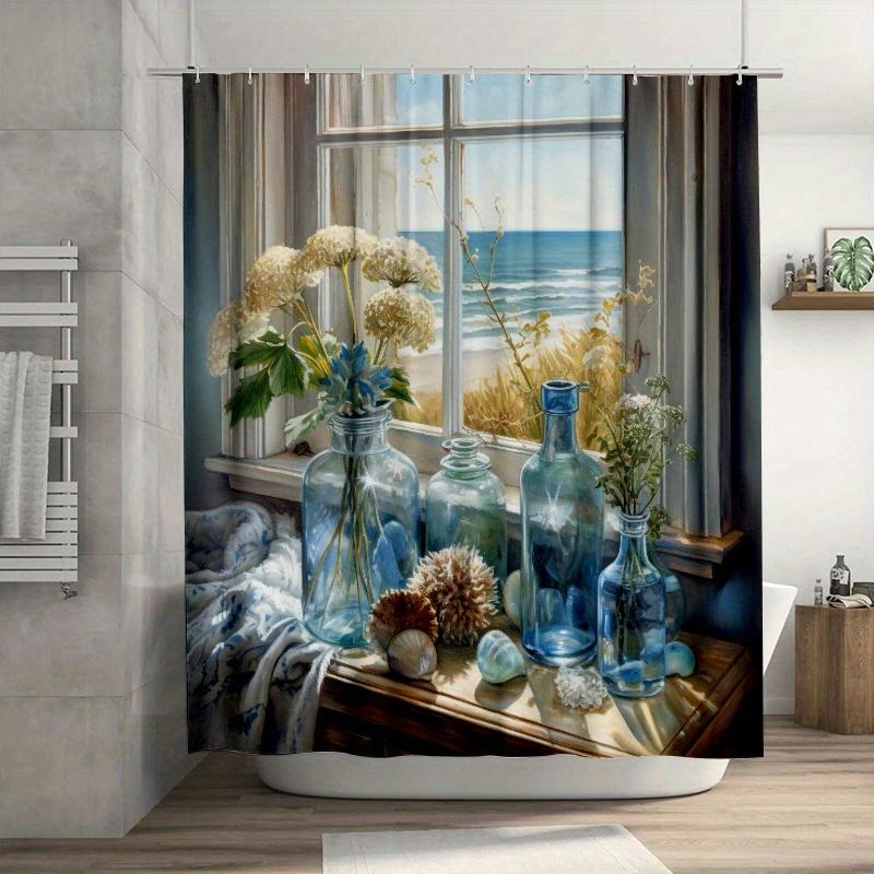 

1Pc Coastal Window View Shower Curtain, Seashells & Dandelions, Durable Polyester, Easy Clean, Ocean Scene Bath Decor W60H190(CM)-1 Pcs