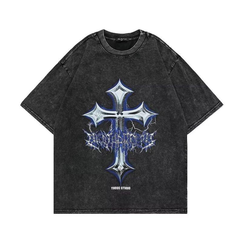 Vintage Washed Black Eagle Print T-Shirt Retro Bald Eagle Lightning Graphic Oversized Tee Casual Letter Shirt