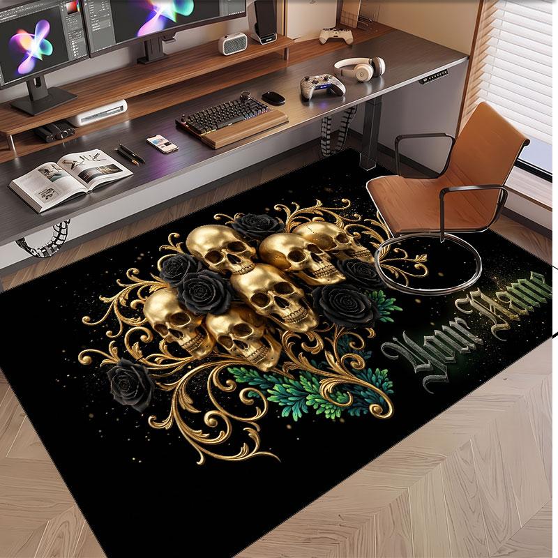Totenkopf Gothic Thema Weicher Kristall-Samt Teppich Benutzerdefinierter Name & Text Druck Rutschfester Boden Teppich für Schlafzimmer Wohnzimmer