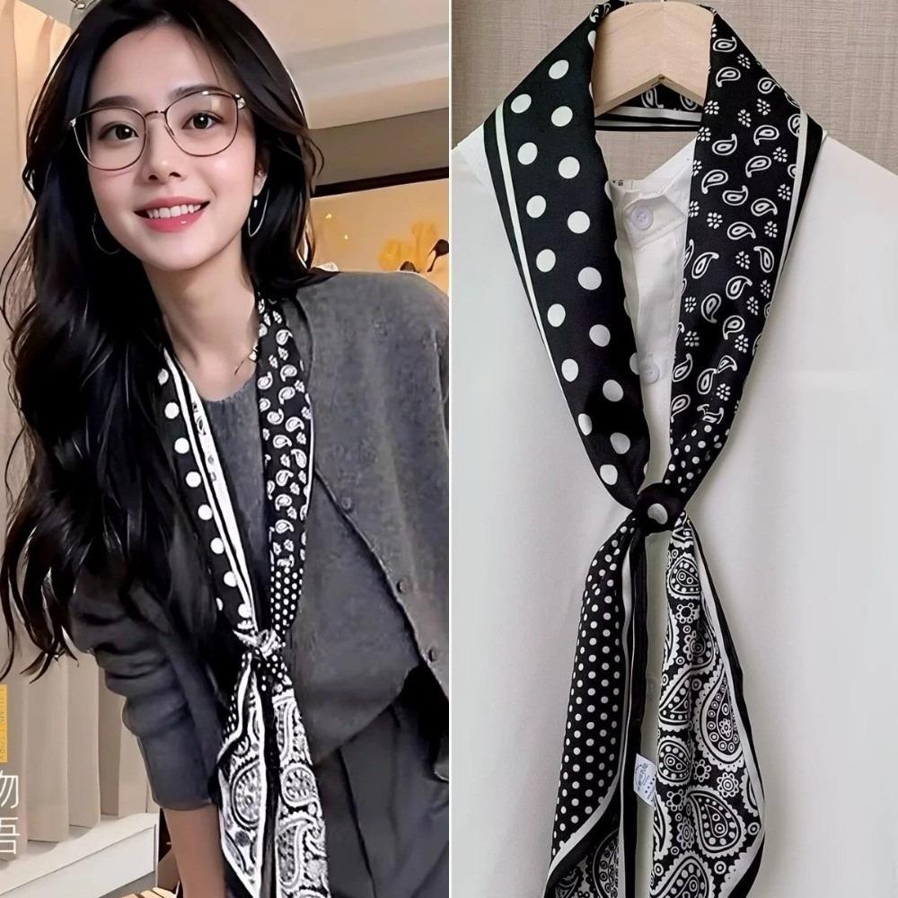New Black White Silk Satin Scarf Elegant Breathable Long Scarf Polka Dot Soft Touch Ribbon Scarf Daily Wear