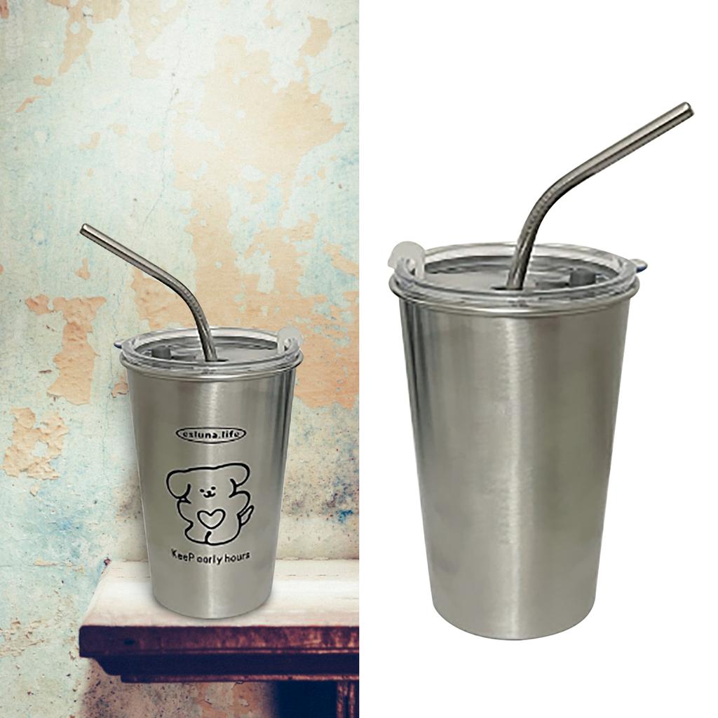 Kall Tumbler i Rostfritt Stål 500ml med Lock och Metallstrån Iskaffe Resemugg för Kaffe Vatten