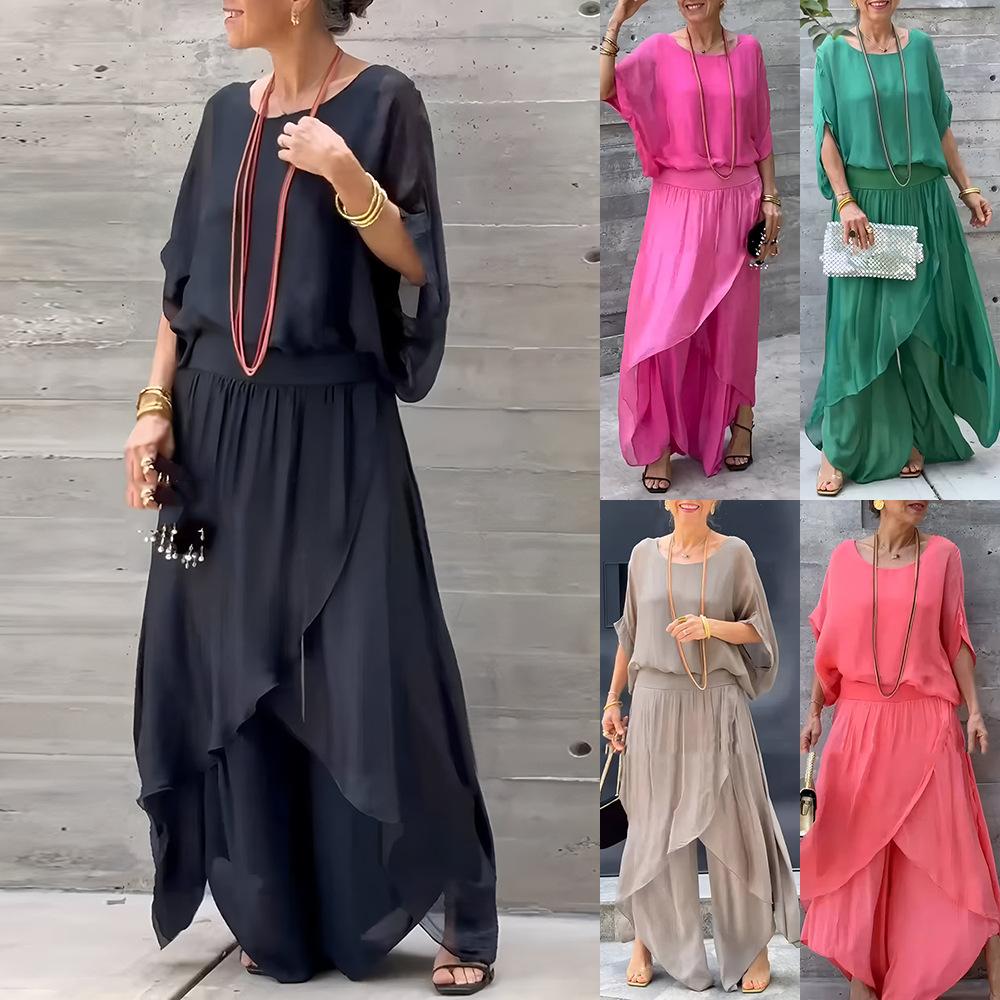 Europe, America 2026 Summer New Station Loose Comfortable Top Split Wide Leg Pants Chiffon Casual Suit