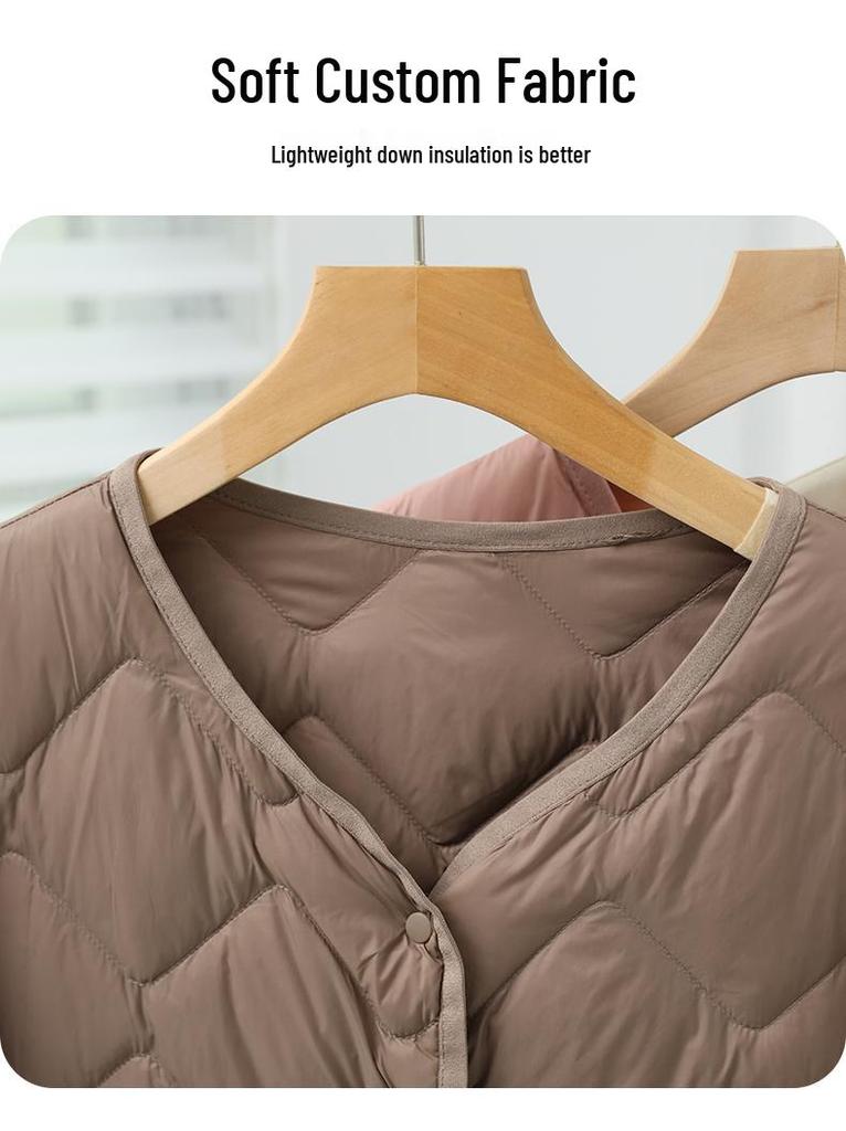Women's Lightweight Collarless Down Jacket with Diamond Pattern - 2024 Autumn/Winter Collection, Casual V-Neck Layer.