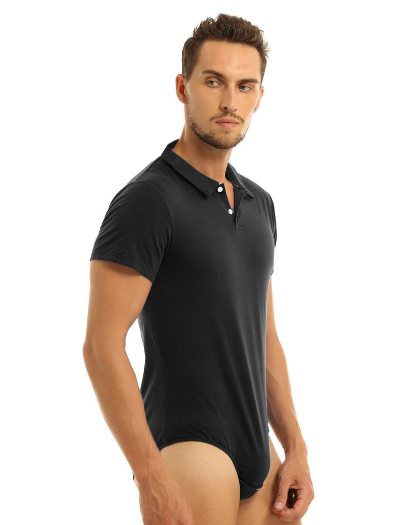 Chemise à manches courtes pour hommes, col rabattu, bouton-pression, entrejambe, hauts, pyjama, body, Catsuit, sous-vêtements masculins
