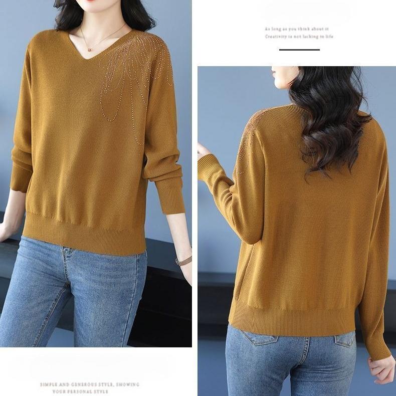 Spring Autumn Women's V-Neck Knitted Sweater Loose Solid Pullover Knitwear Thin Rhinestone Knit Top