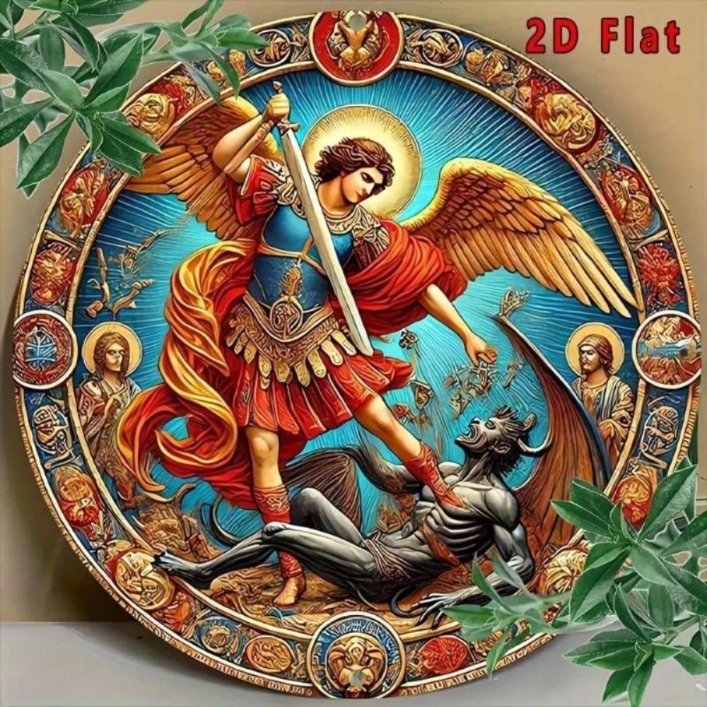 Vintage Round Archangel Michael Defeats Demon Metal Wall Art Aluminum Tin Sign 8x8 Inch