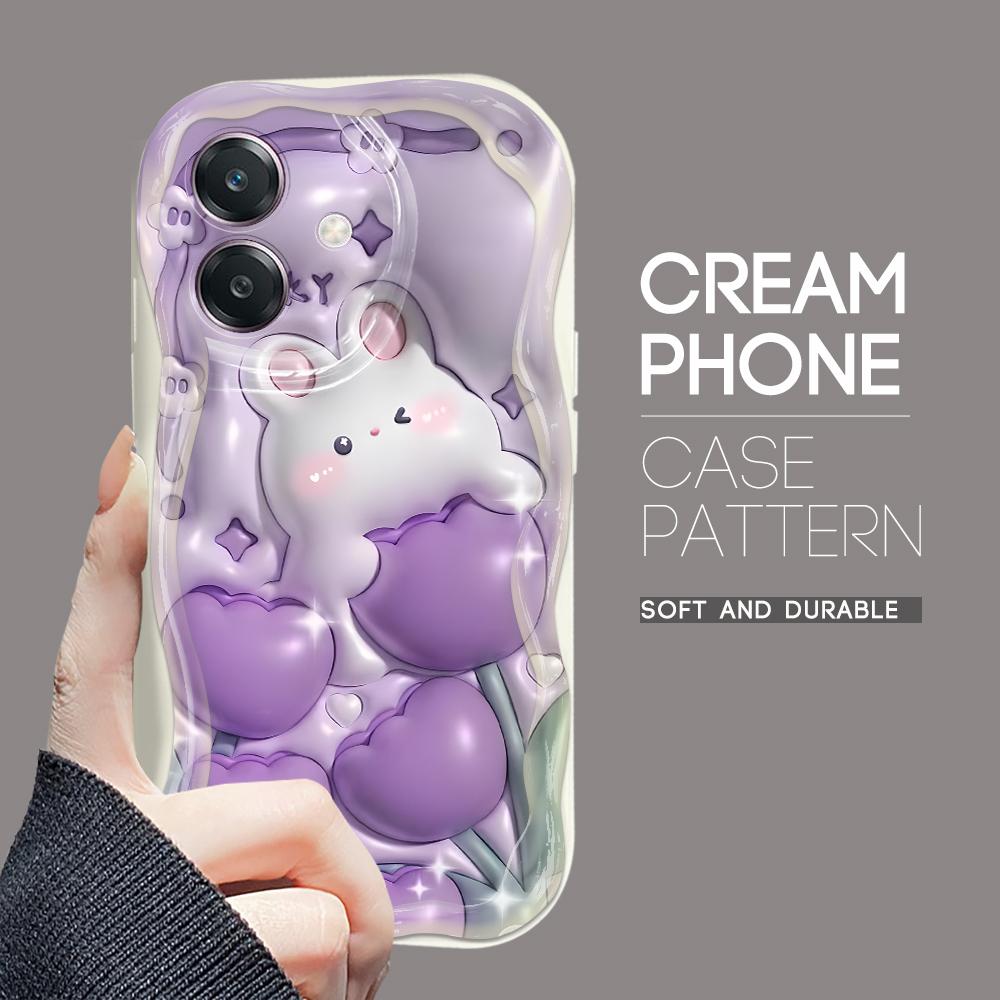 For OPPO A38 A18 A60 A58 A57s A96 Reno12 13 Realme C31 C30 Vivo V30 Y27s Y28 Y36 Y76 Wavy Edge Rabbit Flowers Soft Silicone Phone Case