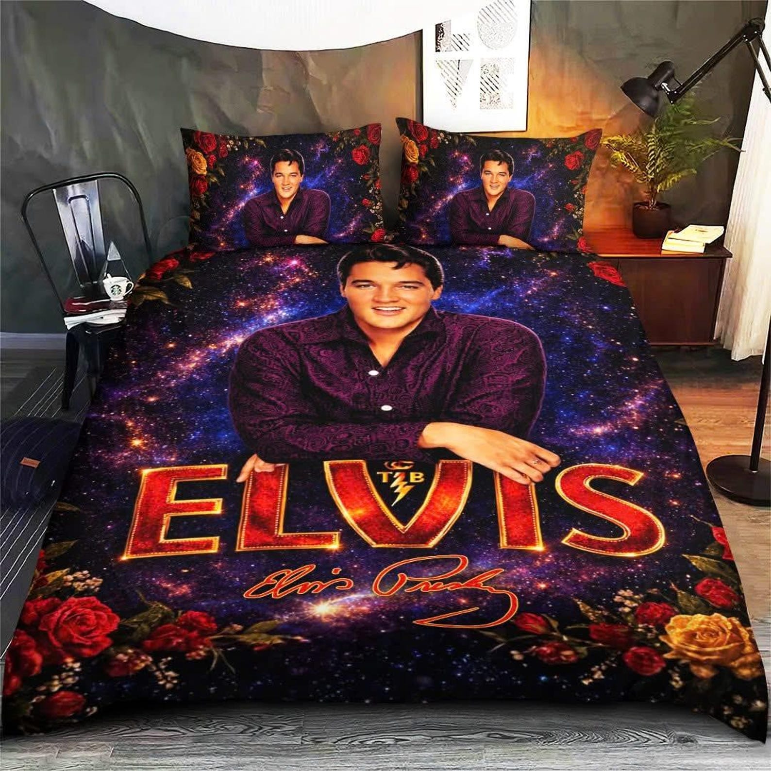 Elvis Presley Bedding Set, Personalized Elvis Bed Set, Custom Name Duvet Set, Elvis King Of Rock Duvet Set, Gift For Elvis Fans 200x200cm