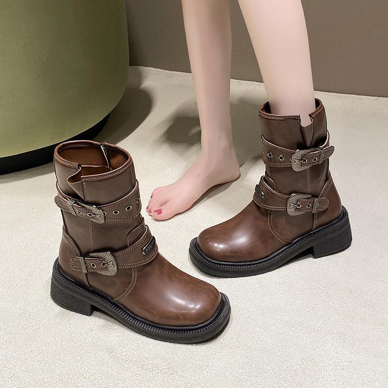 Mode Vintage Seitenreißverschluss Mid-Calf Reitstiefel Damen Sexy Quadratische Zehenpartie Mittelhoher Absatz Westernstiefel Luxus Designer Metall Schnalle Schuhe