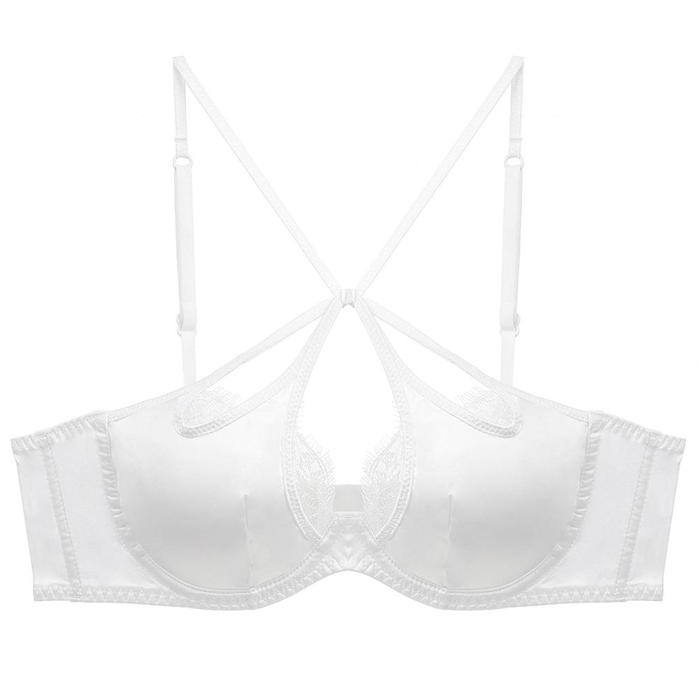 

Sexy satin cross strap beauty back underwear eyelashes lace thin bra soft steel ring gathering breathable bra cover S білий
