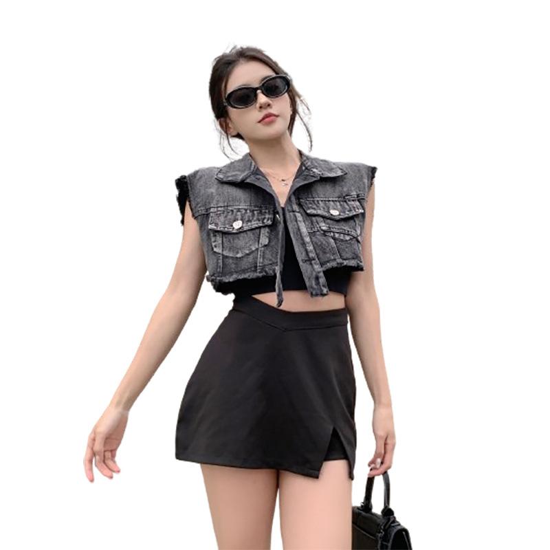 American Hot Girl Short Style Navel-baring Sleeveless Raw Edge Denim Vest Vest American Retro Sweet Cool Style Versatile Women