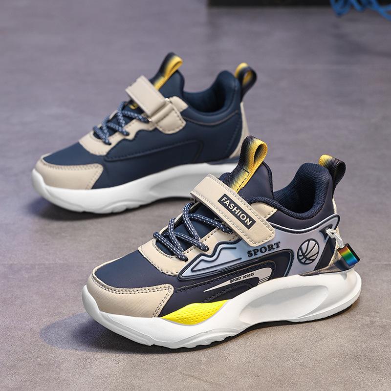 Boys' Sports Shoes Leather Surface Waterproof 2025 Spring and Autumn New Anti-microfiber Middle and Older Children's Running Shoes Primary School Stu