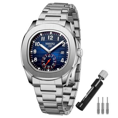 NIBOSI Stilvolle Edelstahl-Armbanduhr für Wasserdichte Analog-Uhr mit Metall-Datum Fluoreszierend Klassische Luxusuhr für Silber und Blau Perfekt als
