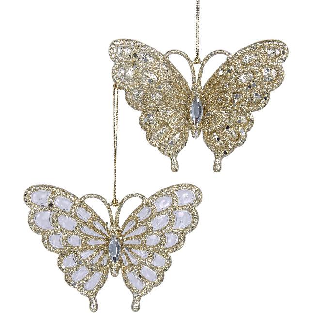 Kurt Adler 3.125  Acrylic Platinum Glitter Butterfly Ornament 2/asstd