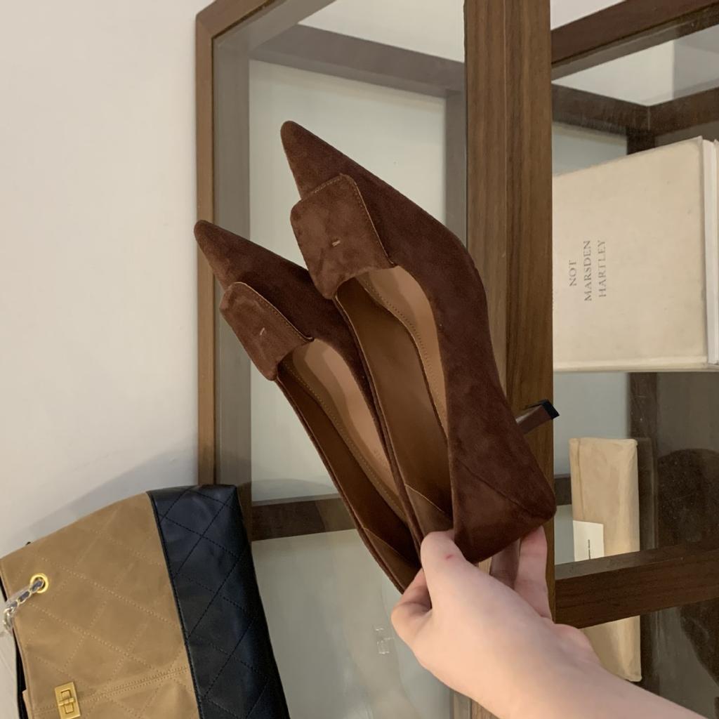 2025 Autumn Fashion Suede Light Mouth Thin High Heel Light Mouth Thin Niche Commuter Work Professional Women's Single Shoes