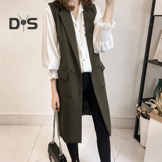 Høst Vår Dame Vest Nedrekket Krage Dobbeltspent Løs Ermeløse Knelengde Lommer Cardigan Ensfarget Daglig slitasje Vest Frakk