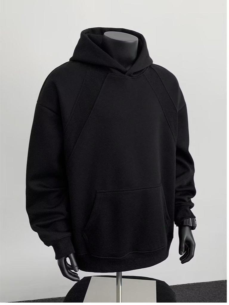 American Style Grey Deconstructed Patchwork Men's Hoodie, Spring/Autumn Trend, High Neck, Socially Anxious Persona, Fashionable Outerwear