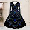 Women Plus Size V Neck Long Sleeve Printed Pastel Galaxy Tie Waist A Line Flared Dress
