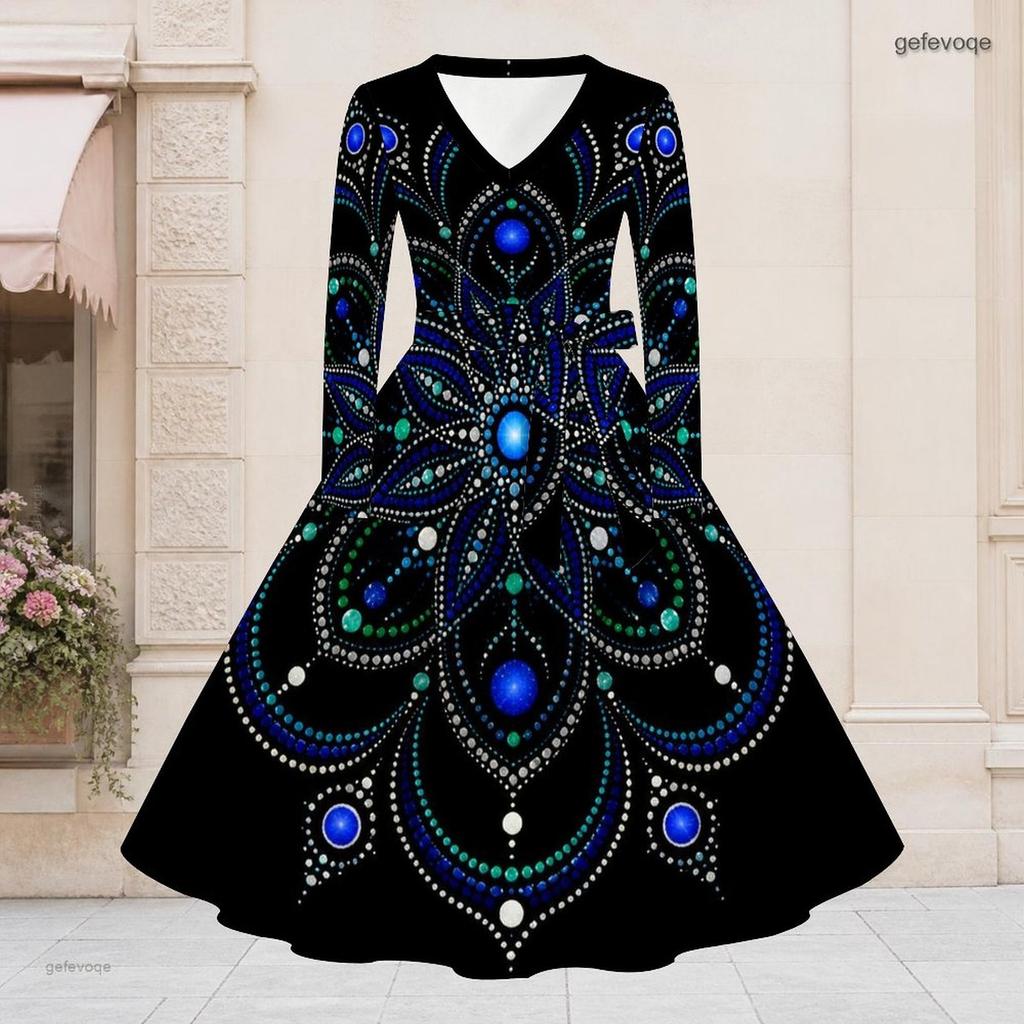 Women Plus Size V Neck Long Sleeve Printed Pastel Galaxy Tie Waist A Line Flared Dress
