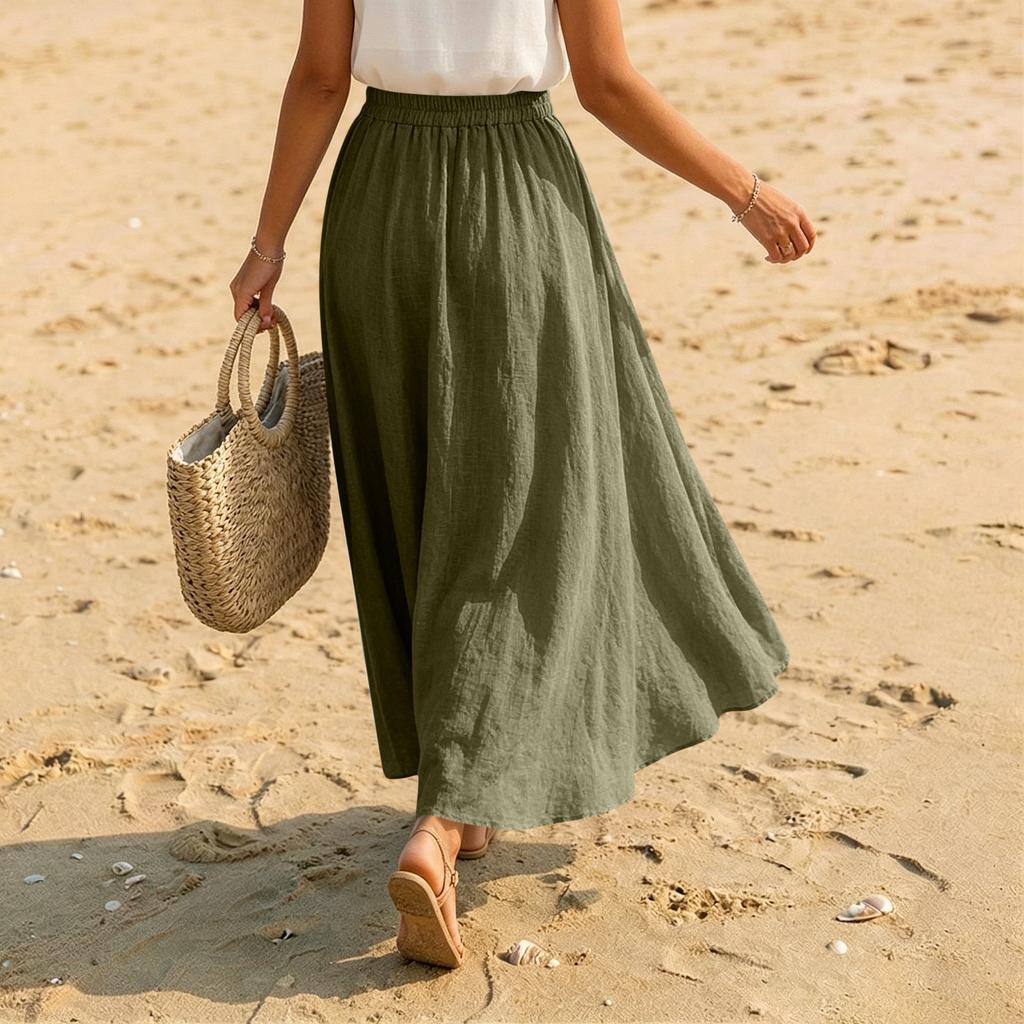 Women's Casual Holiday Solid Color Cotton Linen Long Skirt A-Line Beach Half Length Skirt Elastic Waist Comfortable Fit