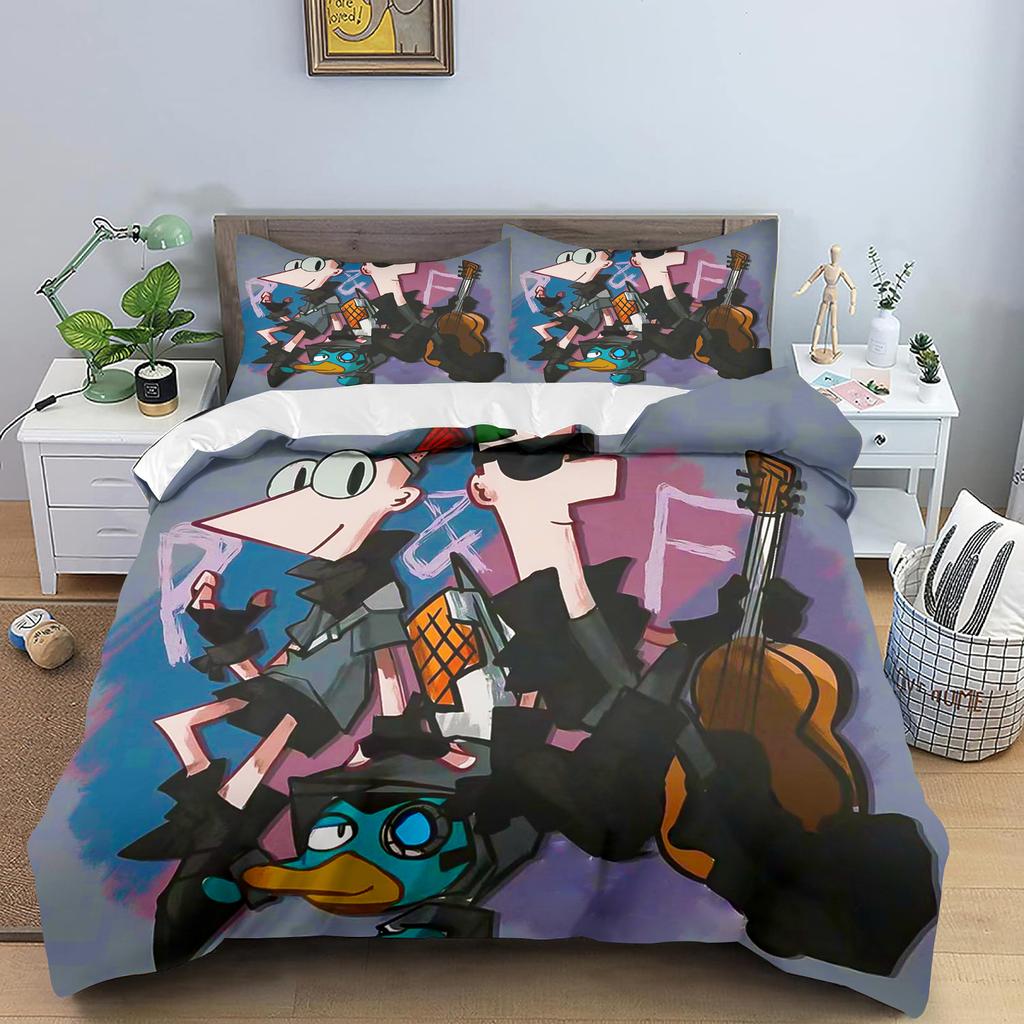 Phineas and Ferb Quilt Cover Cartoon Printed Polyester Duvet for Children Bedroom Anime Cozy Room Bedding Various Sizes