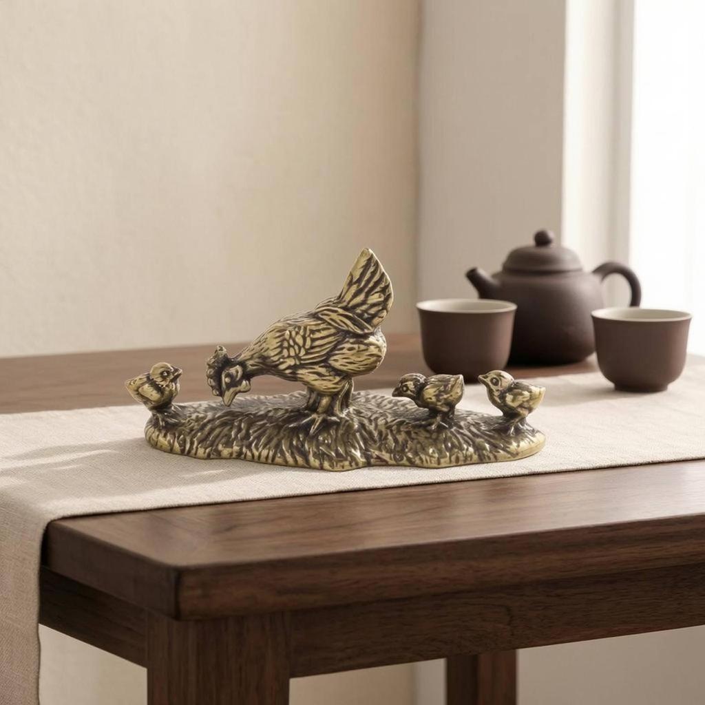 Vintage Brass Chicken Ornament Textured Base Hen Figurine Gilded Metal Figurines