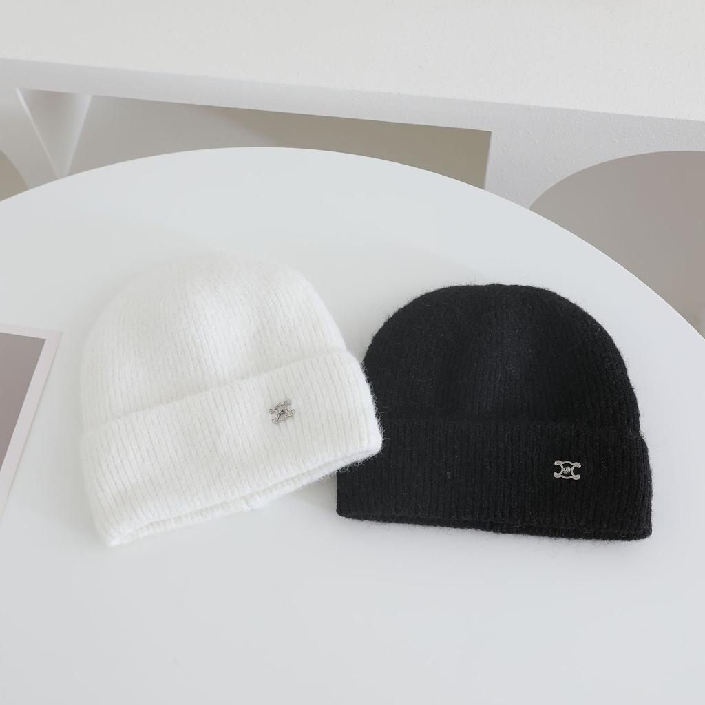 Metal Label Knitted Hats for Women's Autumn and Winter New Products Warm and Thickened Cold Hats Face Enhancing Small Ear Protecting Hats