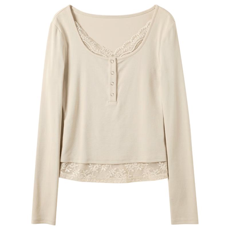 Sancai Women's Fake Two-Piece Lace-Paneled Long-Sleeve Slim Fit Tee