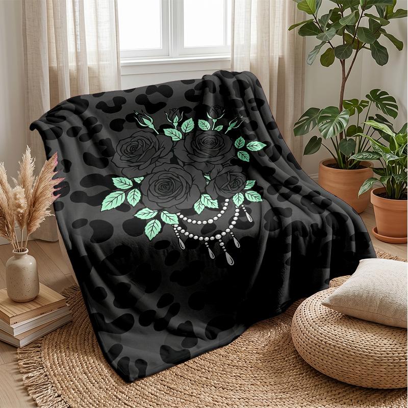 Leopard Roses and Bow Theme Blanket Lightweight Warm Flannel Blanket Decorative Throw Blanket for Home Decoration
