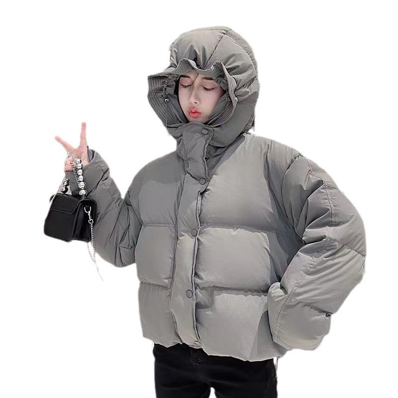 Women's Short Light Down Jacket Autumn Winter Hooded Single Breasted Loose White Duck Down Coat Pocket Stand Collar Solid Color