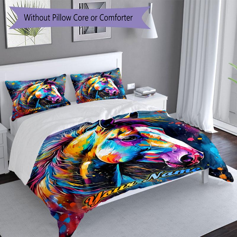 3PC Custom Name Colorful Horse Portrait Bedding Set Duvet Cover Closure Includes 1 Duvet Cover & 2 Pillowcases for Bedroom