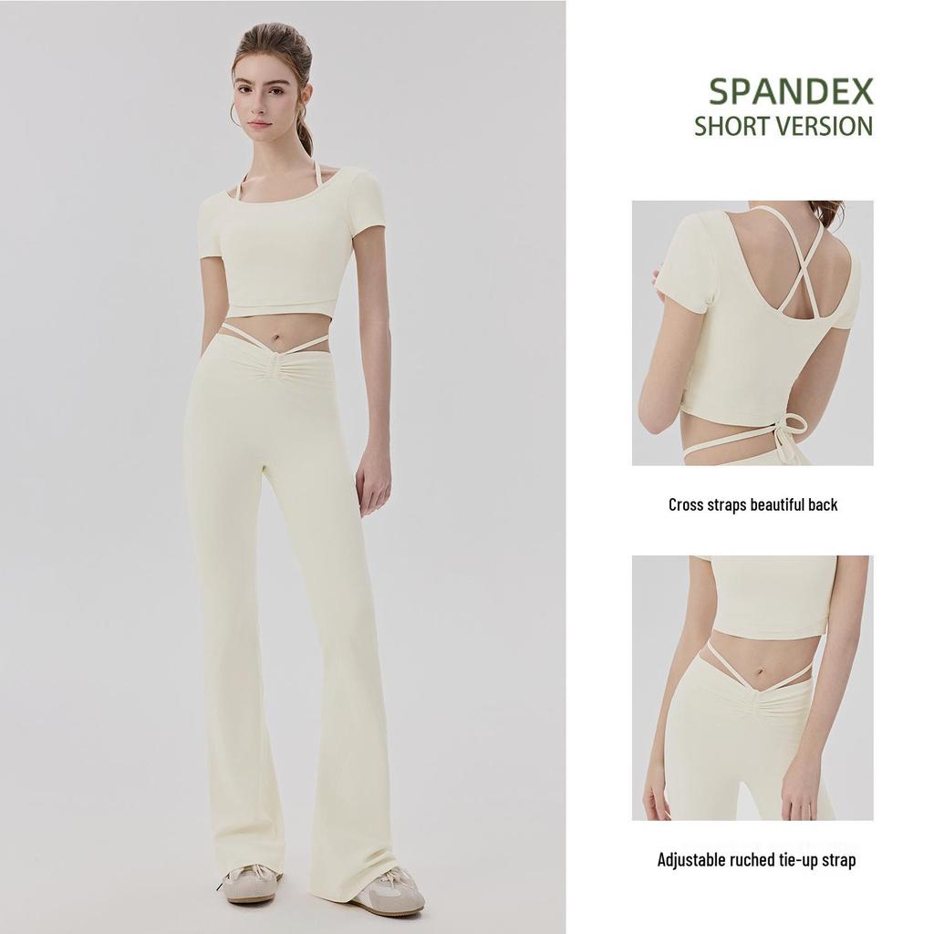 Women's Cooling Yoga Suit: Short Sleeve Top with Built-in Bra & Draping Tie-up Micro Flare Pants Set