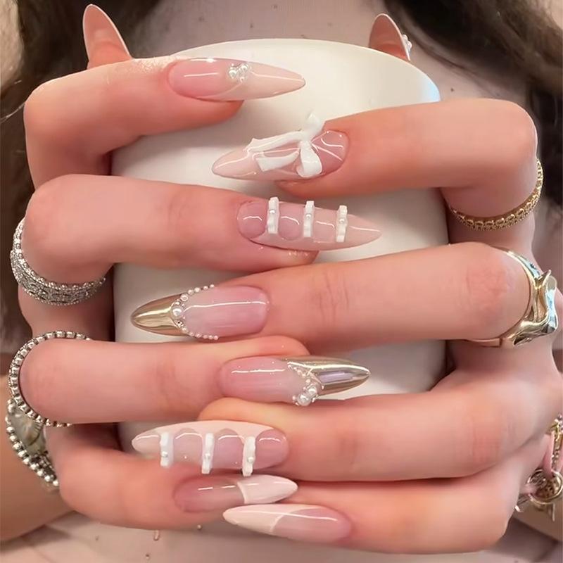 24PCS Pink Leopard Print Blush Almond Press On Nails Sweet Bowknot False Nails Simple French Fake Nails with Diamond Wearable