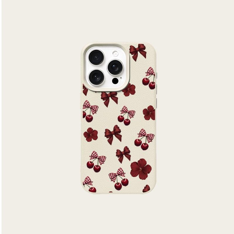 Wine Red Cherry Bow Floral Pattern Lychee Texture Phone Case For iPhone 11 12 13 14 15 16 17 Pro Max Plus 17 Air X XS Soft Cover