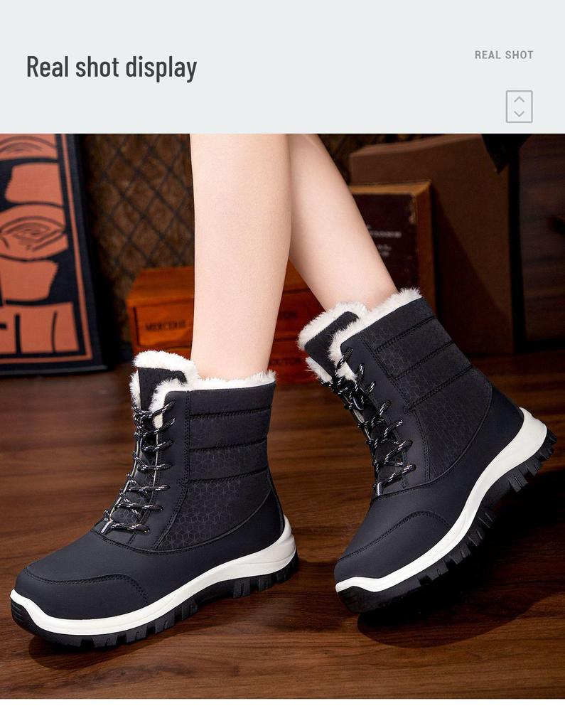 Women's High-Top Winter Plush Cotton Lace-Up Waterproof Snow Boots, Non-Slip