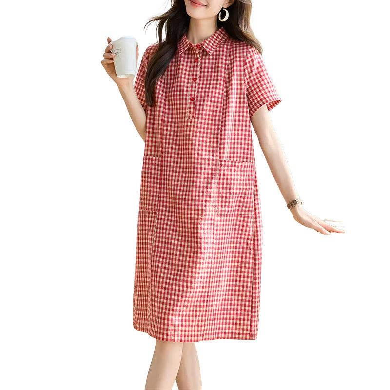 ZANZEA Women Turn Down Collar Casual Short Sleeve Grid Print Dress