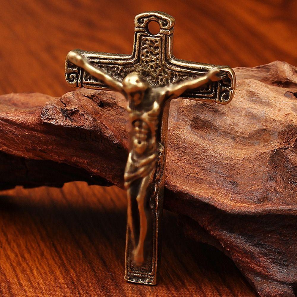Cross Shape Jesus Statue Keychain Pure Copper Chapel Hanging Ornaments  Car Keychain