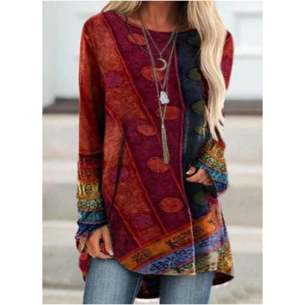 Camisetas de Primavera y Otoño de Cuello Redondo con Parches 3D Estampadas Camisetas de Moda Casual de Manga Larga para Mujer