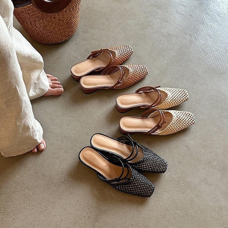 Holiday style retro hand-woven bag head mop outside women's word with middle heel bag head cool slippers soft