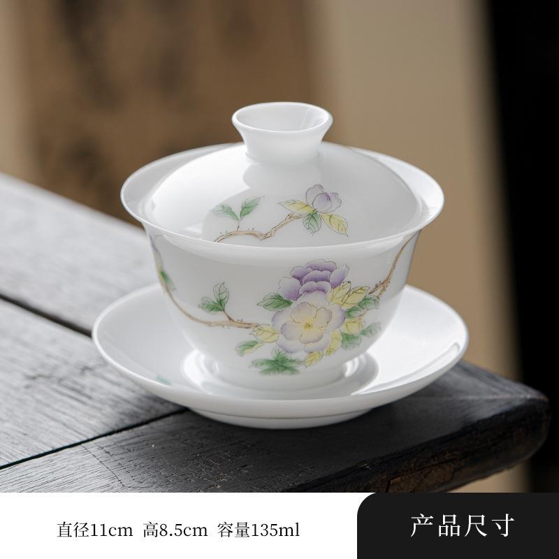 135ml Handbemalter Narzissen Gaiwan Japanischer Weißer Jade Ton Porzellan Teekanne Teekannenabdeckung Schale Trinkzubehör Geschenk