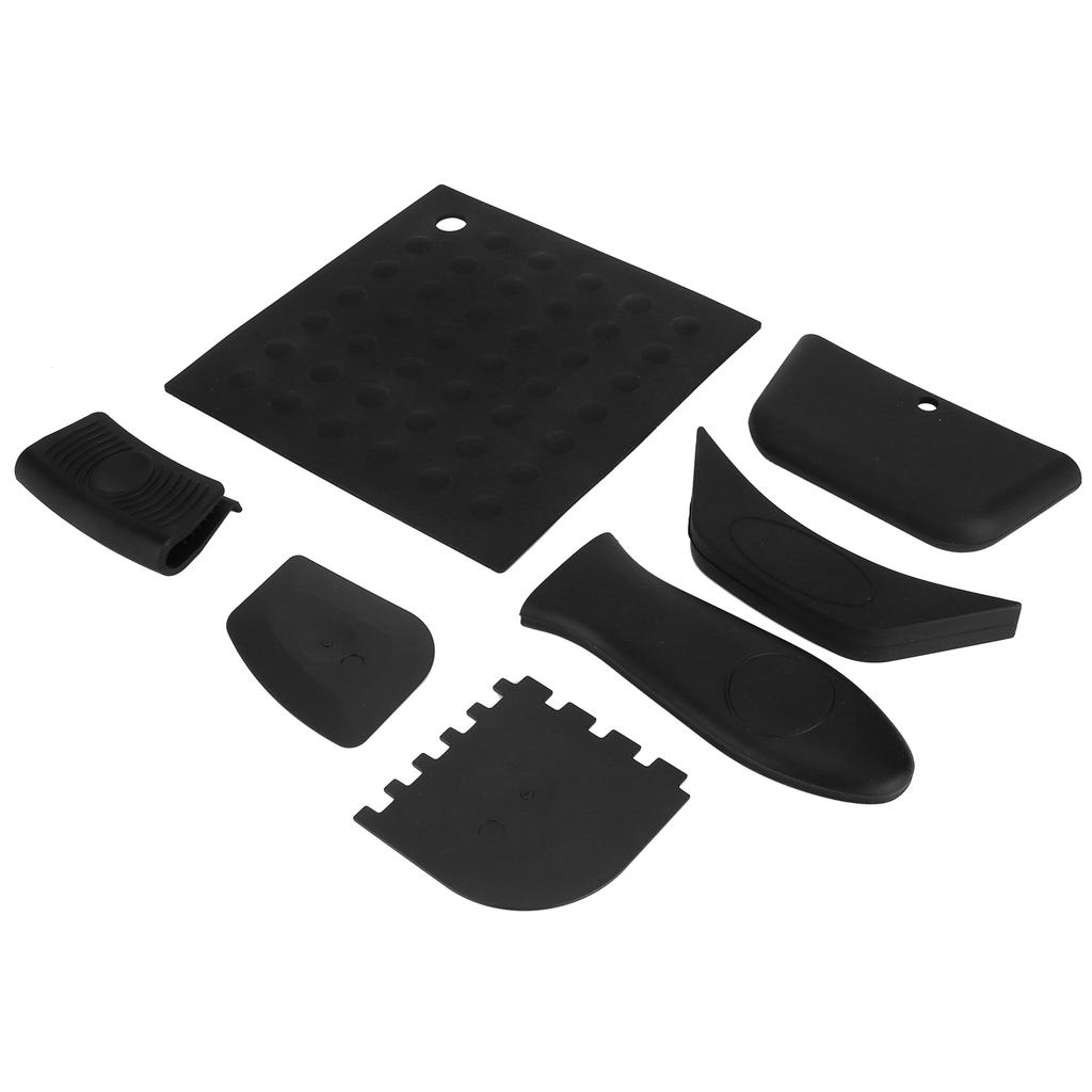 7Pcs Set Pot Holder AntiScald Silicone Grill Pan Scraper Handle Cover Set Kitchen Accessory(Black )