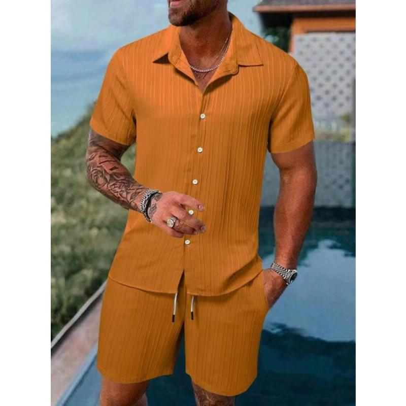 Summer Men's Solid Color Comfortable Casual Shirt Short Sleeved Beach Pants Set