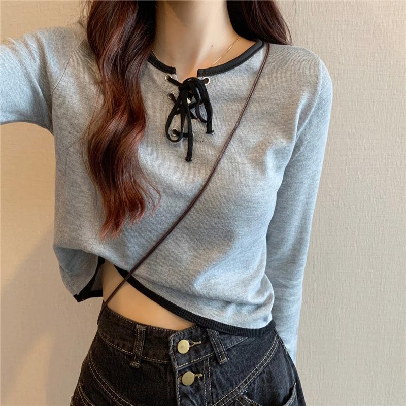 

Grey shirt women s autumn inner short sweater slim-fitting small versatile long-sleeved knitted sweater one size fits all сірий колір