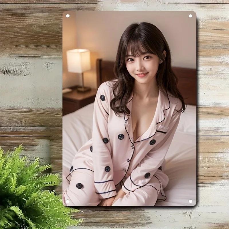 Retro Metal Wall Art, K-Drama Style Pink Polka Dot Lady Poster with Iron Frame for Home Cafe Decor