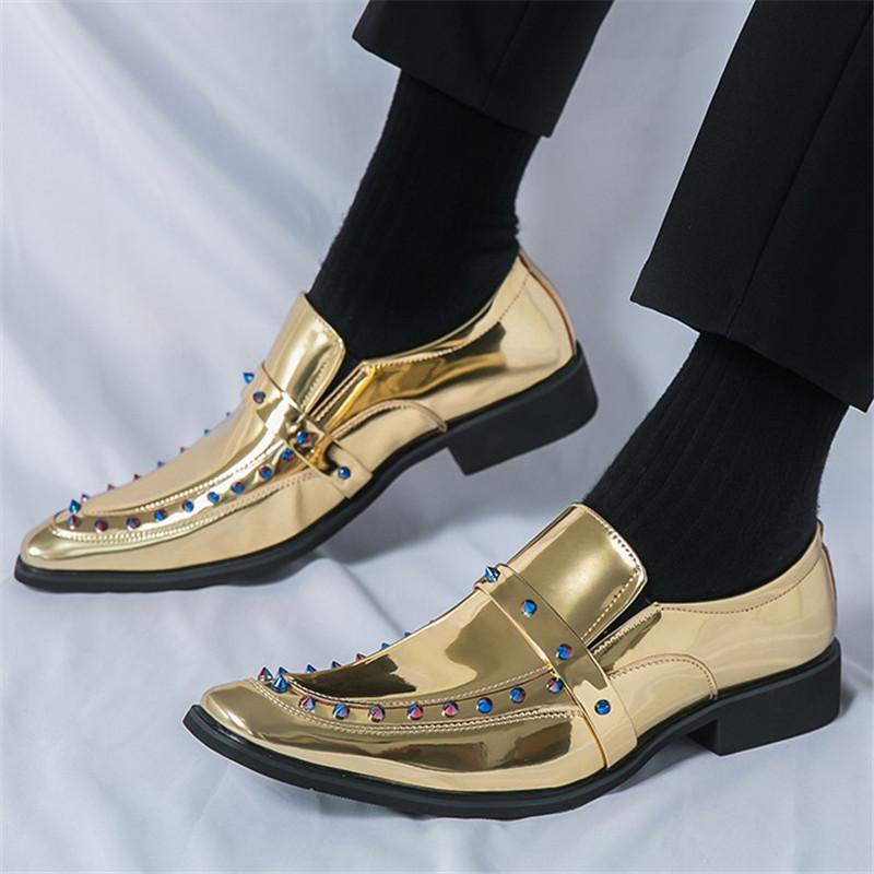 New Fashion Brand Designer Gold Silver Black Chelsea Leather Shoes For Men Hip-Hop Rock Colours Rivet Wedding Prom Footwear