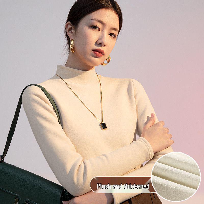 Women's Velvet Semi-High Neck Long Sleeve T-Shirt - Thick, Warm, and Versatile for Autumn and Winter