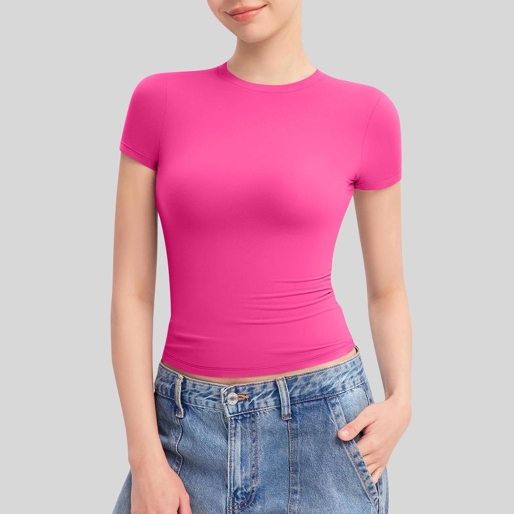 Women's Round Neck Short Sleeve Tops Double Lined Slim Fit T Shirts Basic Tee Cloud