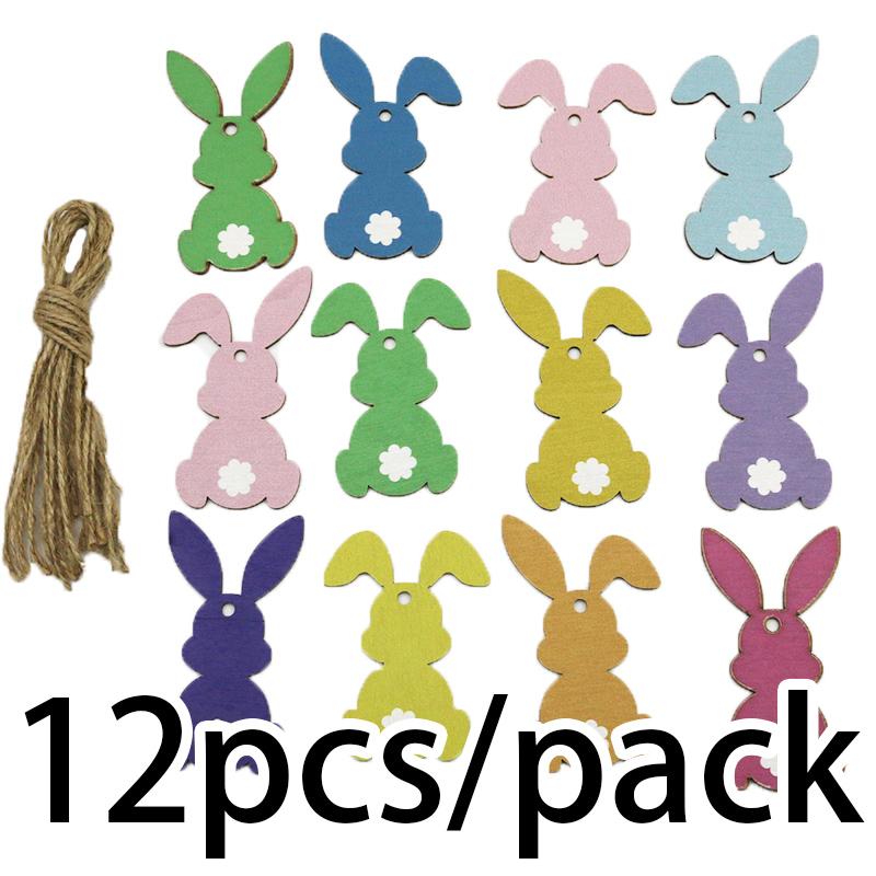 

(12 Pcs/pack) 41x80mm Easter Bunny Wooden Pendant Colorful Decoration Festival Party Art Atmosphere Children s Creative Toys DIY 41-80mm&2mm