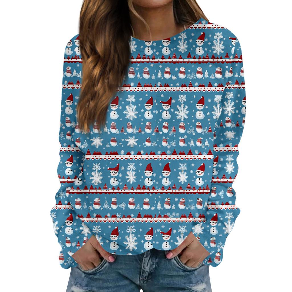 Damen Modisches Lässiges Langarm Retro Weihnachts Schneemann Print Rundhals Oberteil